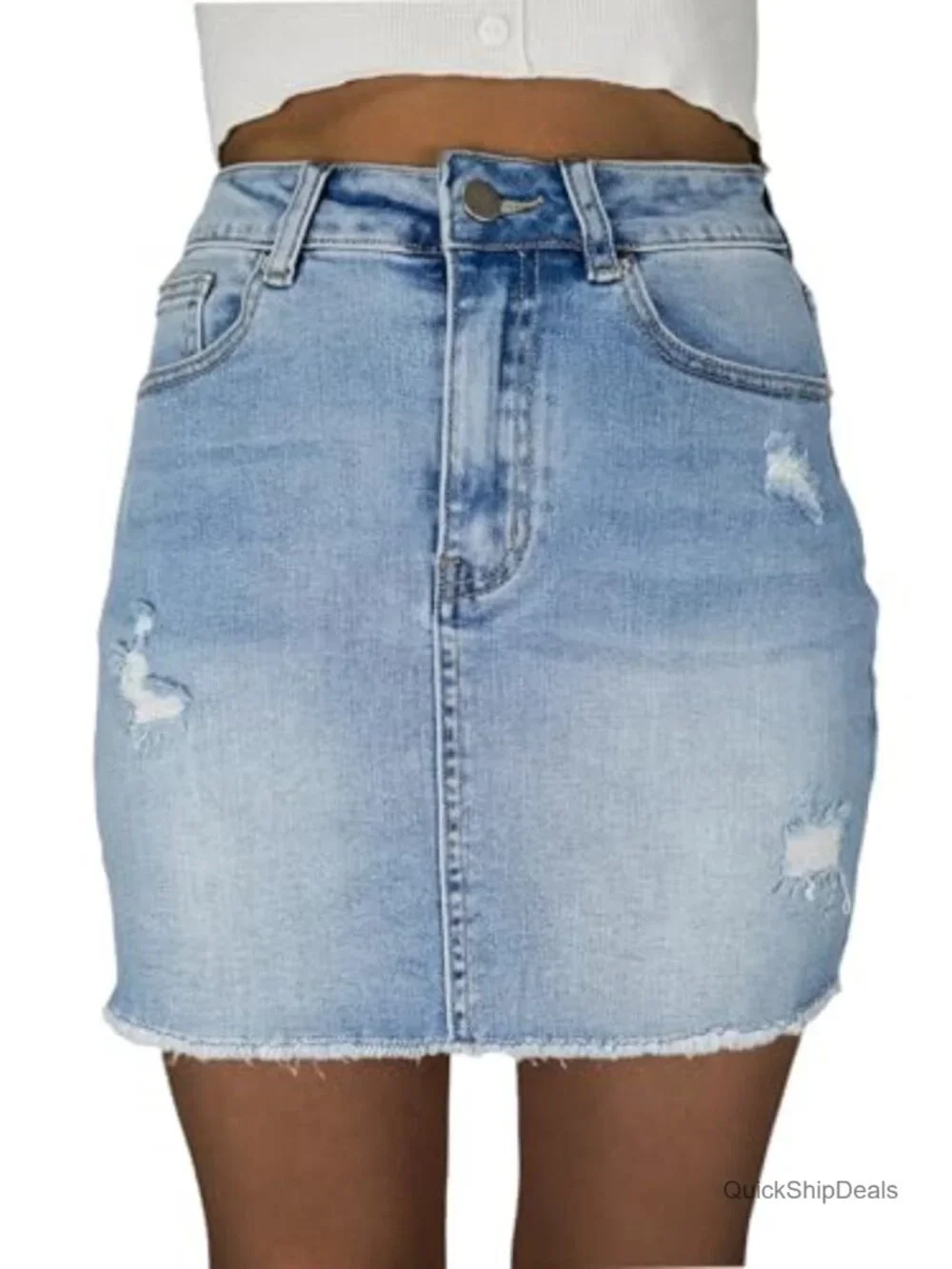 High Waisted Stretchy Denim Mini Skirt - Ripped Raw Hem with Pockets
